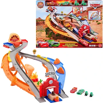 Imagen 1 de Cars de Disney y Pixar Mattel Pista de Juguete Carrera al Rescate para Niños de 4+ Años, Set de Carrera con Vehículos y Accesorios, Serie Disney Pixar Cars, Color Multicolor, Tamaño Estándar para Juego Infantil