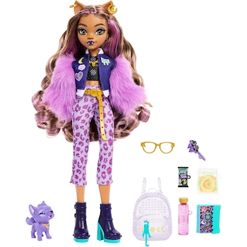 Imagen 5 de Monster High Clawdeen Wolf Muñeca Articulada Serie Howling City Look Morado con Accesorios y Mascota Crescent Tamaño Estándar para Niñas de 4 Años en Adelante