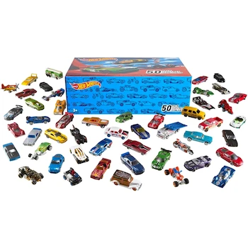 Imagen de referencia para Hot Wheels Die Cast Basics 50-Pack Toy Vehicles: Assorted 1:64 Scale Cars and Trucks, Model V6697, Themed Packaging for Children 3 Years and Up