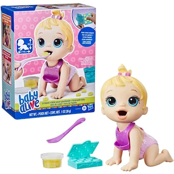 Imagen de referencia para Baby Alive Hora de Comer Muñeca Rubia 20 cm para Niños de 3 Años en Adelante, Línea Baby Alive de Mattel, Muñeca Interactiva Bebé con Cabello Rubio Largo, Tamaño Compacto 8 Pulgadas
