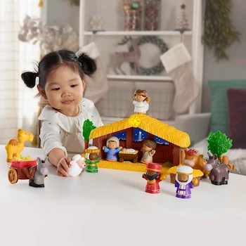 Imagen 2 de Fisher-Price Little People Set de Juego Nacimiento Navideño, 17 Piezas con 12 Figuras (Bebé Jesús, María, José, Tres Reyes Magos, Ángel) y 5 Piezas de Establo, Modelo HMX70, para Niños de 1 a 5 Años, Serie Little People