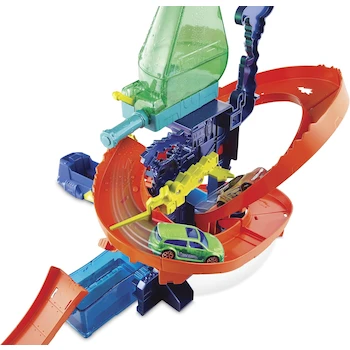 Imagen 3 de Hot Wheels Pista City Color Shifters Laboratorio Científico Set de Juego con Cambio de Color, Vehículo Incluido, para Niños de 4 Años, Serie Color Shifters, Tamaño Grande con 8 Piezas y Rampas, Color Azul y Multicolor