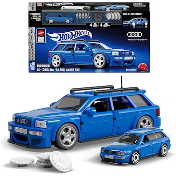 Imagen de referencia para Mattel Brick Shop Hot Wheels Juguete de Construcción Speed '94 Audi Avant RS2, Escala 1:32, Auto Exclusivo de Metal Die-Cast, Incluye Placa de Colección, Color Plata/Verde, Serie Brick Builder, Tamaño Estándar 1:32
