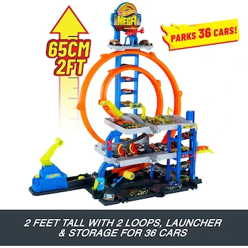 Imagen 4 de Hot Wheels City Mega Garage JBM74 Multicolor con Elevador, Pista de Tres Niveles y Helicóptero, Capacidad para 36 Autos 1:64, Incluye 1 Auto Die-Cast y 1 Helicóptero Plástico, Serie Hot Wheels City, para Niños +4 Años, Dimensiones 13.3 x 55.9 x 33 cm