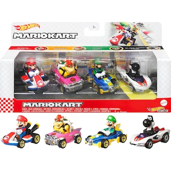 Imagen de referencia para Hot Wheels Mario Kart Paquete de 4 Vehículos Die-cast a Escala 1:64 con Mario, Luigi, Bowser y Yoshi Negro Exclusivo Amazon