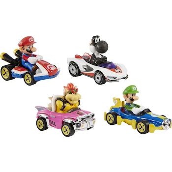 Imagen 3 de Hot Wheels Mario Kart Paquete de 4 Vehículos Die-cast a Escala 1:64 con Mario, Luigi, Bowser y Yoshi Negro Exclusivo Amazon