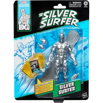 Imagen de referencia para MARVEL Legends Series Silver Surfer 6-inch Collectible Action Figure, Metallic Silver Color, Model B0DK7J4H6Y, Fantastic Four Retro Series, Premium Articulated Design, 16+ Age Rating, 6 Piezas Totales