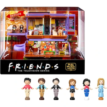 Imagen de referencia para Polly Pocket Friends Compact Playset Coleccionable Taza de Café Central Perk con 6 Micro Muñecas Personajes y 9 Accesorios Serie Partnership Modelo HKV74