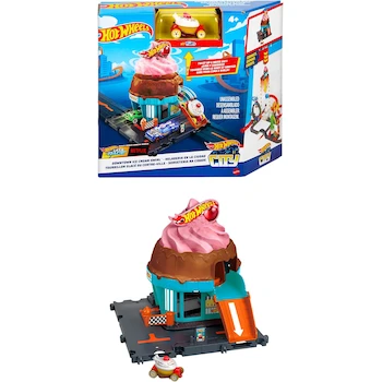 Imagen 1 de Hot Wheels City Pista de Juguete Heladería HTN77 Set con 1 Auto a Escala 1:64 Serie Downtown Ice Cream Swirl para Niños de 3 Años en Adelante