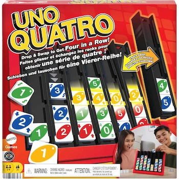 Imagen alusiva al producto Mattel Games UNO Quatro Juego de Mesa con Fichas Coloreadas y Rejilla Plástica, 53 Piezas, para 2-4 Jugadores, Niños y Adultos desde 7 Años, Modelo HPF82, Material Plástico, Serie UNO