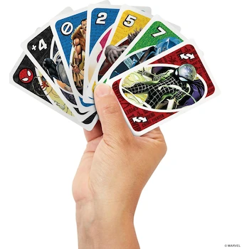 Imagen 2 de Mattel Games UNO Marvel Spider-Man, Juego de Cartas Multicolor, Serie The Amazing Spider-Man, 112 Cartas, Tamaño Estándar, para 2-10 Jugadores, Edad 7+ Años, Original Mattel, ASIN B0CD3197RV