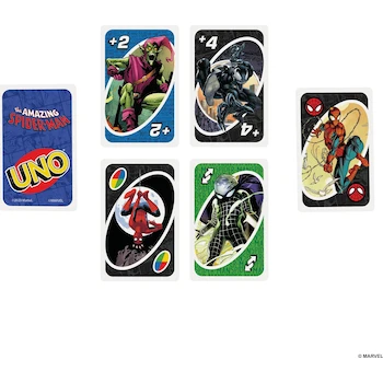 Imagen 3 de Mattel Games UNO Marvel Spider-Man, Juego de Cartas Multicolor, Serie The Amazing Spider-Man, 112 Cartas, Tamaño Estándar, para 2-10 Jugadores, Edad 7+ Años, Original Mattel, ASIN B0CD3197RV