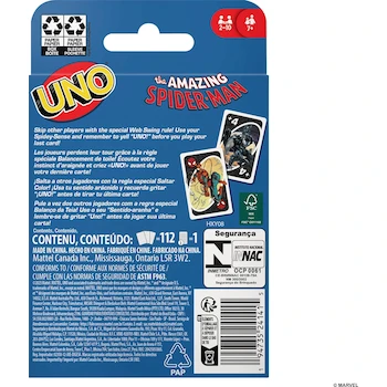 Imagen 4 de Mattel Games UNO Marvel Spider-Man, Juego de Cartas Multicolor, Serie The Amazing Spider-Man, 112 Cartas, Tamaño Estándar, para 2-10 Jugadores, Edad 7+ Años, Original Mattel, ASIN B0CD3197RV