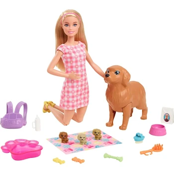 Imagen alusiva al producto Barbie Sisters & Pets Set de Juego Cachorros Recién Nacidos HCK75, Muñeca Rubia de 11.5 Pulgadas, Perrita Embarazada, 3 Cachorros Sorpresa, Accesorios Multi-Color de Cuidado, para Niñas de 3 Años en Adelante