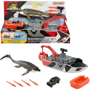 Imagen alusiva al producto Matchbox Jurassic World Rebirth Mosasaurus Rescue Action Boat 12.5 Pulgadas con Figura Mosasaurus 13 Pulgadas, Jeep Die-Cast 1:64, Bote Rescate Desmontable y Misiles Arpón
