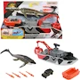 Miniatura de Matchbox Jurassic World Rebirth Mosasaurus Rescue Action Boat 12.5 Pulgadas con Figura Mosasaurus 13 Pulgadas, Jeep Die-Cast 1:64, Bote Rescate Desmontable y Misiles Arpón