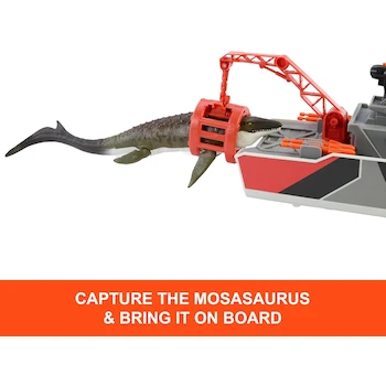 Imagen 4 de Matchbox Jurassic World Rebirth Mosasaurus Rescue Action Boat 12.5 Pulgadas con Figura Mosasaurus 13 Pulgadas, Jeep Die-Cast 1:64, Bote Rescate Desmontable y Misiles Arpón