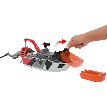 Imagen 5 de Matchbox Jurassic World Rebirth Mosasaurus Rescue Action Boat 12.5 Pulgadas con Figura Mosasaurus 13 Pulgadas, Jeep Die-Cast 1:64, Bote Rescate Desmontable y Misiles Arpón