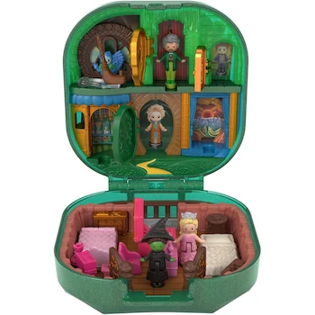 Imagen 4 de Wicked Polly Pocket Collector Set de Colección Compacto JFV04, 3 Muñecas Micro (Glinda, Elphaba, Mago), 2 Accesorios Temáticos, Inspirado en Shiz y Ciudad Esmeralda, Multicolor, para 4+ Años, Escala 1:12