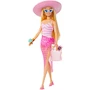 Miniatura de Muñeca Barbie Rubia Día de Playa de la Película Barbie, Traje de Baño Rosa y Blanco con Sarong Translúcido, Sombrero de Sol, Gafas de Sol, Collar Dorado, Pulseras, Bolsa Tote Rosa, Helado, Modelo HPL73, Serie Fashion & Beauty, para Niñas 3+ Años