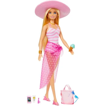 Imagen 5 de Muñeca Barbie Rubia Día de Playa de la Película Barbie, Traje de Baño Rosa y Blanco con Sarong Translúcido, Sombrero de Sol, Gafas de Sol, Collar Dorado, Pulseras, Bolsa Tote Rosa, Helado, Modelo HPL73, Serie Fashion & Beauty, para Niñas 3+ Años