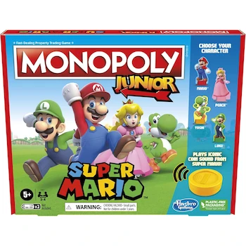 Imagen de referencia para Hasbro Gaming Monopoly Junior Super Mario - Juego de Mesa Edición Especial, Modelo F4817, ASIN B09D44P9HK, para 2-4 Jugadores desde 5 Años, Incluye 1 Tablero, 2 Dados, 4 Tokens de Personaje, 4 Tarjetas de Personaje, Accesorios e Instructivo en Español