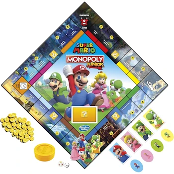 Imagen 3 de Hasbro Gaming Monopoly Junior Super Mario - Juego de Mesa Edición Especial, Modelo F4817, ASIN B09D44P9HK, para 2-4 Jugadores desde 5 Años, Incluye 1 Tablero, 2 Dados, 4 Tokens de Personaje, 4 Tarjetas de Personaje, Accesorios e Instructivo en Español