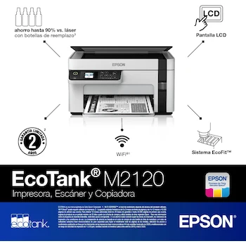 Imagen 2 de Epson EcoTank M2120 Impresora Multifuncional Monocromática Inalámbrica Blanco y Negro con Tanques de Tinta Recargables Modelo ET-M2120 Color Blanco