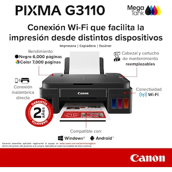 Imagen 2 de Canon PIXMA G3110 Impresora Multifuncional de Inyección de Tinta Continua a Color con Tanques de Tinta Recargables Negro