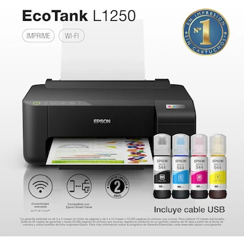 Imagen 2 de Epson EcoTank L1250 Impresora Inalámbrica a Color con Sistema de Tanques de Tinta EcoTank, Color Negro, Modelo C11CJ71301