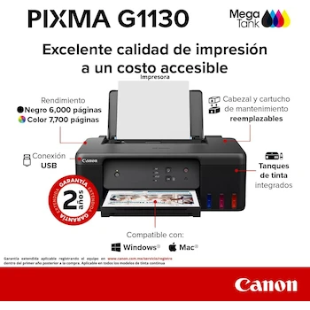 Imagen 2 de Canon Impresora de Inyección de Tinta a Color MegaTank G1130 Negro Solo Impresión