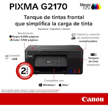 Imagen 2 de Canon Impresora Multifuncional de Inyección de Tinta PIXMA MegaTank G2170 Todo en Uno Negro