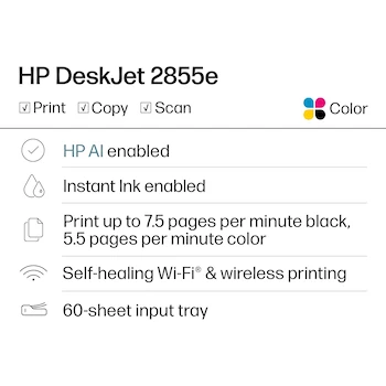 Imagen 2 de HP DeskJet 2855e Impresora Todo en Uno Inalámbrica de Inyección de Tinta a Color con Escáner y Copiadora Blanca, Mejor para el Hogar, 3 Meses de Instant Ink Incluidos, Modelo 588S5A