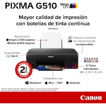 Imagen 2 de Canon Impresora Inyección de Tinta a Color PIXMA MegaTank G510 Serie PIXMA de Tanque Continuo con Sistema de 6 Tintas Negro