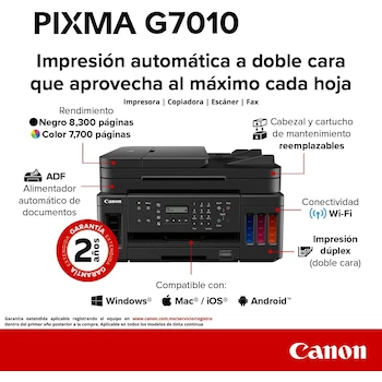 Imagen 2 de Canon Multifuncional PIXMA G7010 con Tinta Continua MegaTank, Impresora Inyección de Tinta a Color, Negro, Wi-Fi