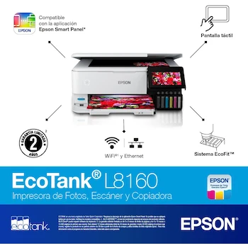 Imagen 2 de Epson EcoTank L8160 Impresora Multifuncional Fotográfica 3 en 1 A4 con Tanques de Tinta 6 Colores Claria ET Premium Blanco Modelo C11CJ20301