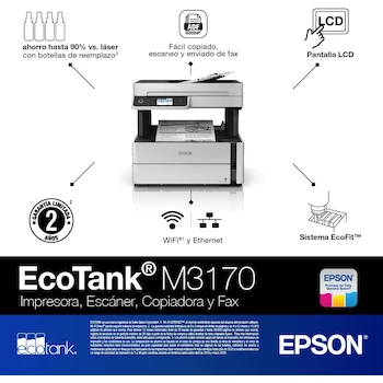 Imagen 2 de Epson EcoTank ET-M3170 Impresora Multifuncional Monocromática Inalámbrica Todo en Uno con Tanque de Tinta, ADF, Fax y Ethernet, Color Blanco