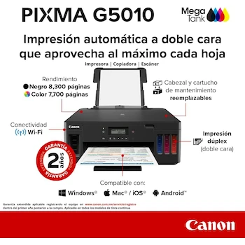 Imagen 2 de Canon Impresora Monofuncional PIXMA G5010 MegaTank con Tanques de Tinta Recargables y Sistema de Tinta Continua a Color, Negro