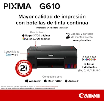 Imagen 2 de Canon PIXMA G610 Impresora Multifuncional a Color Inyección de Tinta con Sistema de Tanques Recargables MegaTank GI-13, 6 Tintas, Color Negro