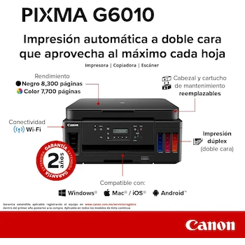 Imagen 2 de Canon PIXMA G6010 Impresora Multifuncional Inalámbrica MegaTank con Tanques de Tinta Recargables Serie G6000 Negro Capacidad 350 Hojas