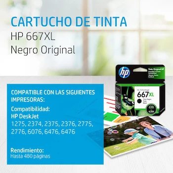 Imagen 2 de HP Cartucho de Tinta 667XL Negro Original (3YM81AL) Rendimiento hasta 480 páginas Compatible con DeskJet Ink Advantage 1200, 2300, 2700, 4100 y DeskJet Plus Ink Advantage 6000, 6400 series