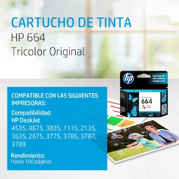 Imagen 2 de HP Cartucho de Tinta 664 Tricolor Original, Rendimiento hasta 100 páginas (F6V28AL)