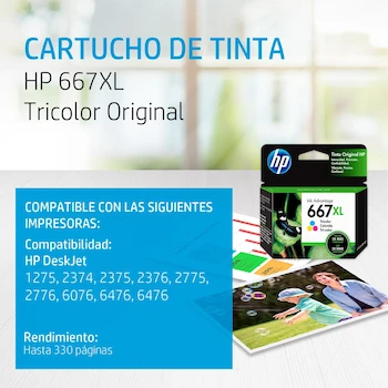 Imagen 2 de HP Cartucho de Tinta 667XL Tricolor Original 3YM80AL Rendimiento hasta 330 páginas para DeskJet Ink Advantage 1275 2374 2375 2376 2775 2776 6075 6076 6475 6476
