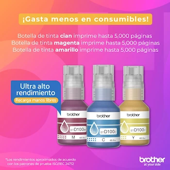 Imagen 4 de Brother Kit de 3 Botellas de Tinta Cian, Magenta y Amarillo BTD100CL3PK 5000 Páginas c/u para Multifuncionales InkBenefit Tank