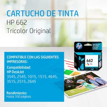 Imagen 2 de HP Cartucho de Tinta 662 Tricolor Original CZ104AL para Impresoras Deskjet Ink Advantage 3545 2545 1015 1515 4645 3515 2515 2645 Rendimiento hasta 100 páginas