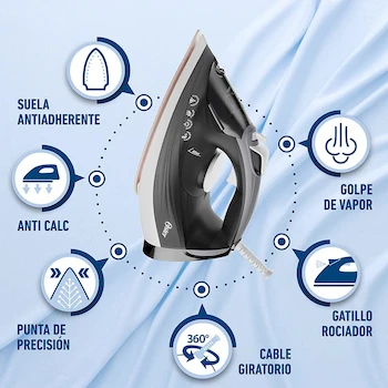 Imagen 3 de Oster Plancha de Vapor con Suela Grande de Cerámica, Color Blanco y Negro, Modelo GCSTEP2501-013, Capacidad del Tanque 300 ml, Dimensiones 31.75 x 13.97 x 15.99 cm, Peso 1 kg