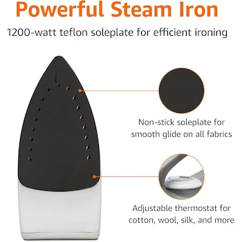 Imagen 3 de Amazon Basics Plancha de Vapor de 1200 W y 25,4 cm, con Suela de Teflón Antiadherente, Depósito de Agua de 150 ml, Cable de 1,98 m, Gris, Modelo B08CHGKHYG