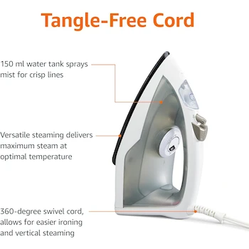 Imagen 5 de Amazon Basics Plancha de Vapor de 1200 W y 25,4 cm, con Suela de Teflón Antiadherente, Depósito de Agua de 150 ml, Cable de 1,98 m, Gris, Modelo B08CHGKHYG