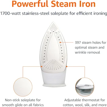 Imagen 3 de Amazon Basics Plancha de Vapor Modelo B08CHJ9LFR de 1700 W y 30,4 cm, con Suela de Acero Inoxidable, 397 Orificios, Depósito de 300 ml, Cable de 1,98 m, Gris