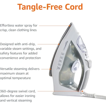 Imagen 5 de Amazon Basics Plancha de Vapor Modelo B08CHJ9LFR de 1700 W y 30,4 cm, con Suela de Acero Inoxidable, 397 Orificios, Depósito de 300 ml, Cable de 1,98 m, Gris